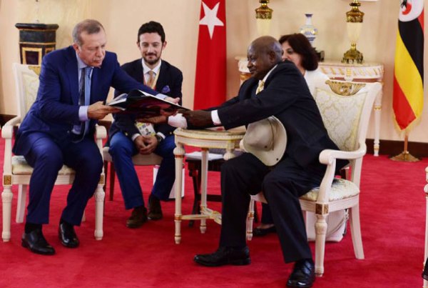 President Museveni (right) receives Turkish president Recep Tayyip Erdogan (left) at State House, Entebbe yesterday.