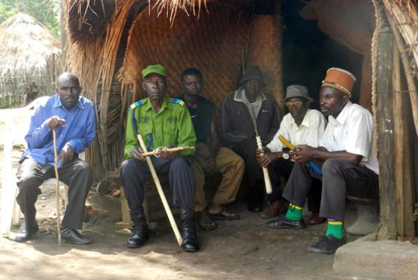 Some of the Rwenzururu royal guards at one of the royal shrines in Kasese District, recently.