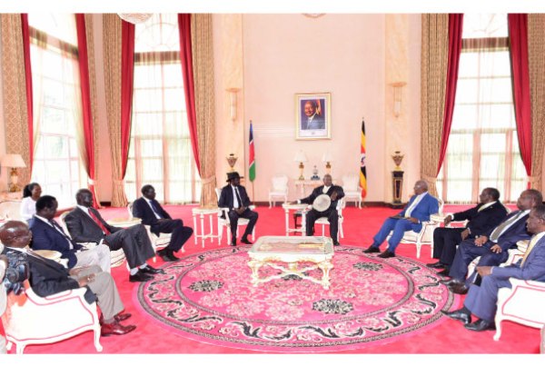 President Museveni (Centre) with South Sudan President Salva Kiir (to his right) and dignitaries from both governments at State House Entebbe at the weekend. President Kiir held two back-to-back and closed-door meetings with his counterpart and select government ministers.