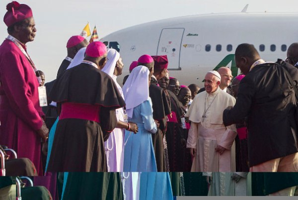 Catholic and Anglican bishops welcome the Pope on his arrival at Entebbe Airport last Friday.