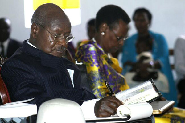 President Museveni and the First Lady at St Mathew Cathedral Kyamate in Ntungamo District where he attended Easter Sunday service.