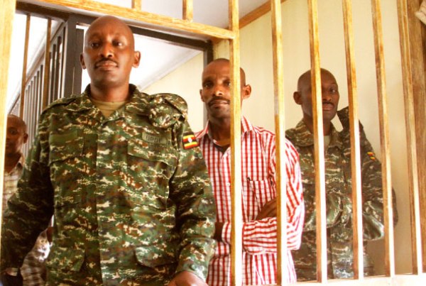Aides of Gen David Sejusa in the dock at the General Court Martial in Makindye, Kampala, yesterday.