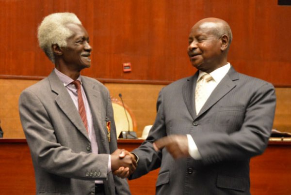Mr Museveni (R) chats with former Lubaga North MP Wasswa Lule.