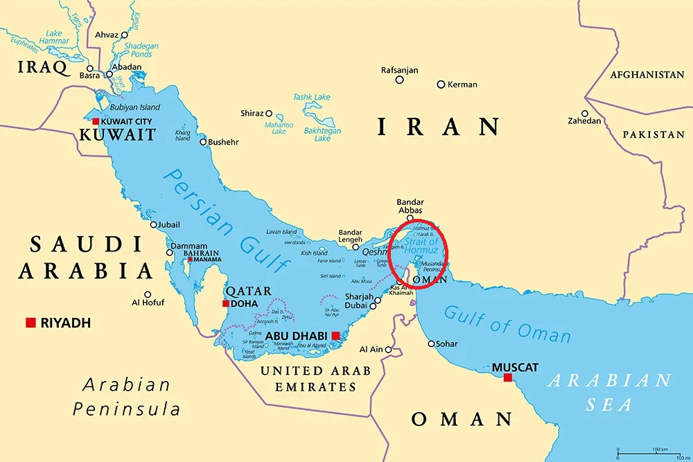 The Hormuz Strait lies between Iran and Oman and sees the daily transit of between 16 million and 21 million barrels of oil, accounting for 20% of the global oil transport. 