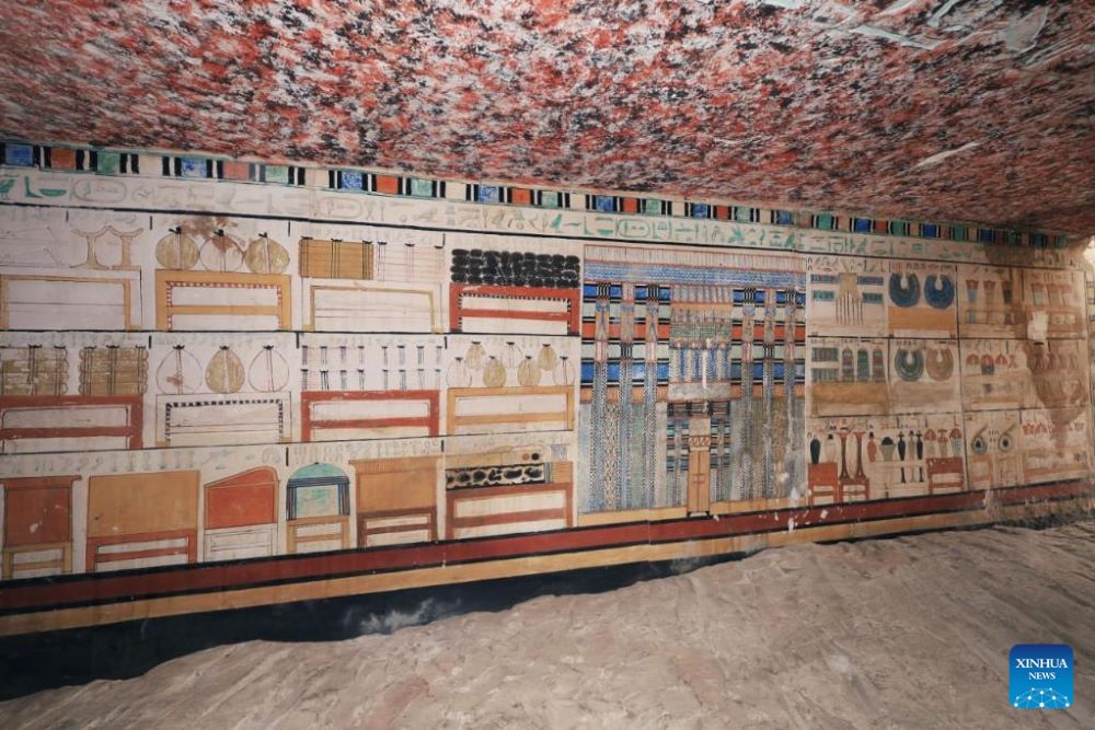 The undated photo shows colorful reliefs on the wall of a mastaba discovered at the Saqqara archaeological site, south of Cairo, Egypt. A joint French-Swiss archaeological mission has discovered an over 4,000-year-old mastaba at the Saqqara archaeological site, the Egyptian Ministry of Tourism and Antiquities said in a statement on Jan. 6. (Egyptian Ministry of Tourism and Antiquities/Handout via Xinhua)