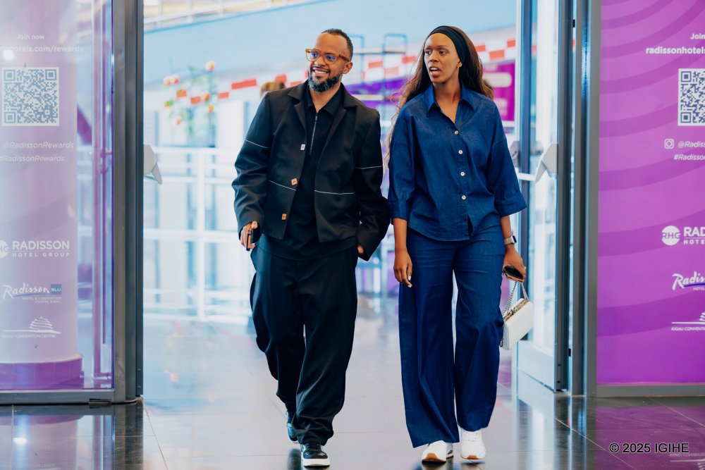Nadia Umutoni and her husband, Malik Shaffy, arriving at the Kigali Convention Centre for the book launch.