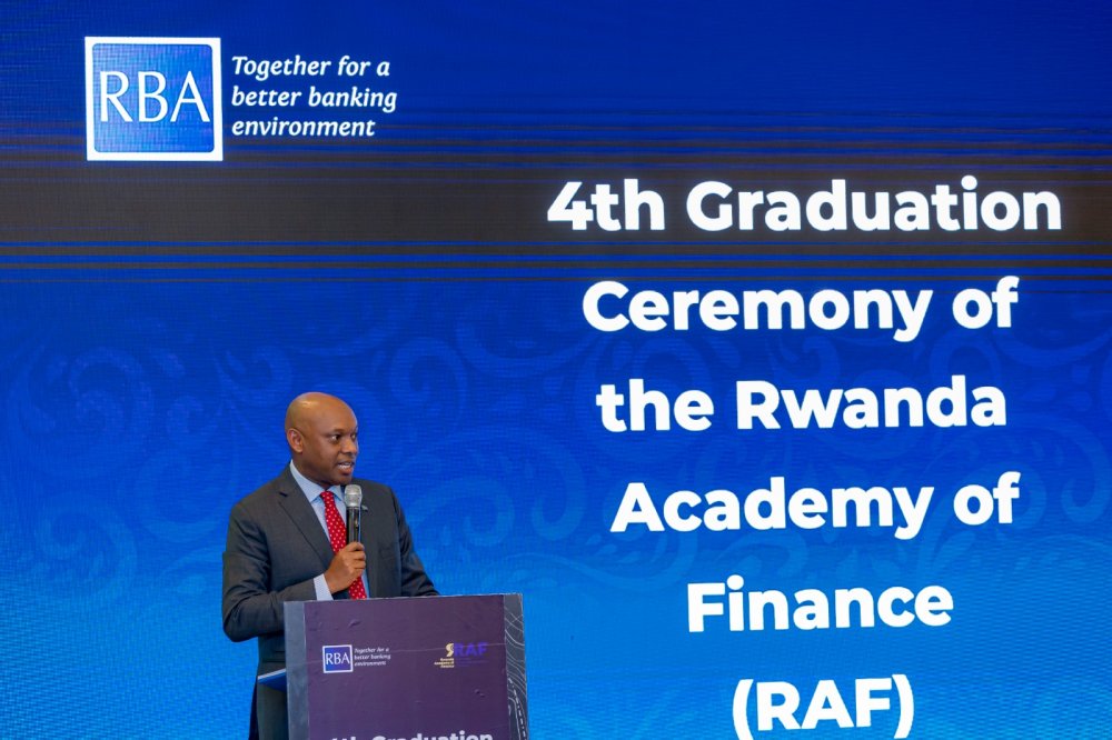 Hannington Namara, the Managing Director of Equity Bank in Rwanda and head of the Rwanda Bankers' Association addressing graduates.