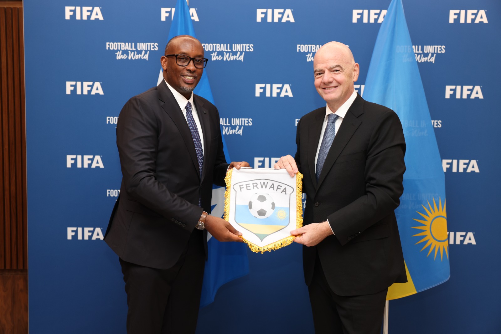 During their meeting, FERWAFA President Fabrice Shema and FIFA President Gianni Infantino explored transformative projects, including the FIFA Academy Concept and the construction of world-class pitches across Rwanda.