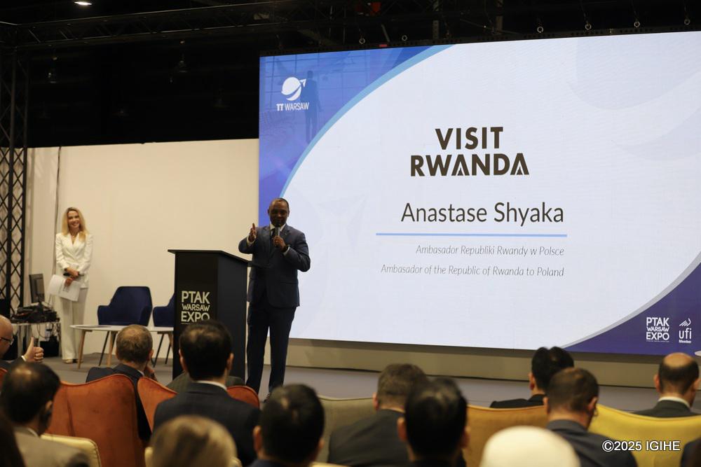 Ambassador Prof. Anastase Shyaka addressing participants of the international travel and tourism trade show held in Poland.