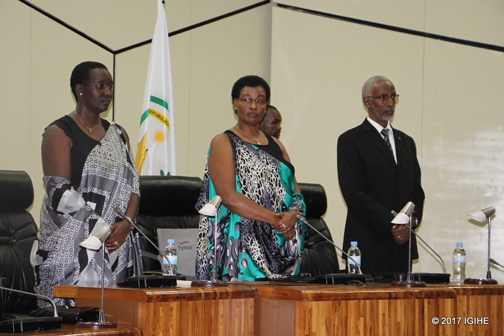 The Minister of Sports and Culture, Uwacu Julienne;the Speaker of Lower Chamber of Parliament, Mukabalisa Donatille , Mukabalisa Donathille and the General Secretary of RPF Inkotanyi, Ngarambe François bidding farewell to late Mukayisenga.