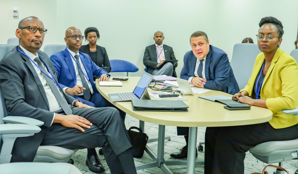 From left: the Governor of the National Bank of Rwanda, John Rwangombwa; the Minister of Finance and Economic Planning, Yussuf Murangwa; the head of the IMF team that assessed Rwanda's economic performance, Ruben Atoyan; and the Minister of State in the Ministry of Finance and Economic Planning in charge of investment, Tessi Rusagara, during a press briefing.