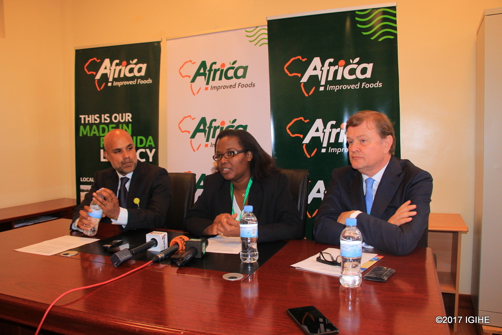 The Minister of Agriculture, Dr Geraldine Mukeshimana (middle), AIF Rwanda CEO Amar Ali (left) and the CEO of Royal DSM speaking to the media after the official inauguration of AIF in Kigali Special Economic Zone yesterday.