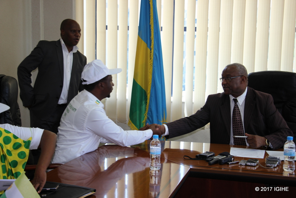 Dr Habineza bids farewell to NEC Chairman Prof Kalisa Mbanda after submitting candidature credentials.