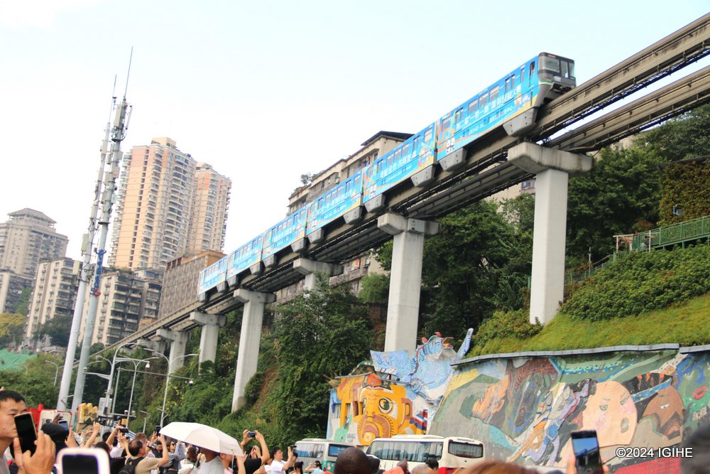 A train traversing buildings in Chongqing at the Liziba Station.