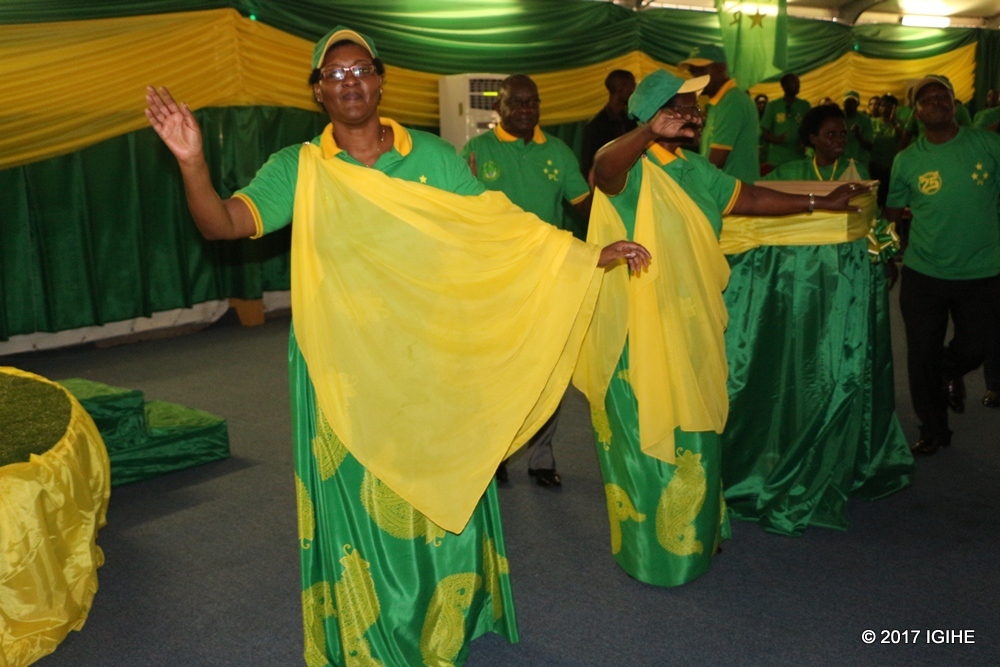PL president Mukabalisa with members dancing as a gesture of delight for the decision to support president Paul Kagame.