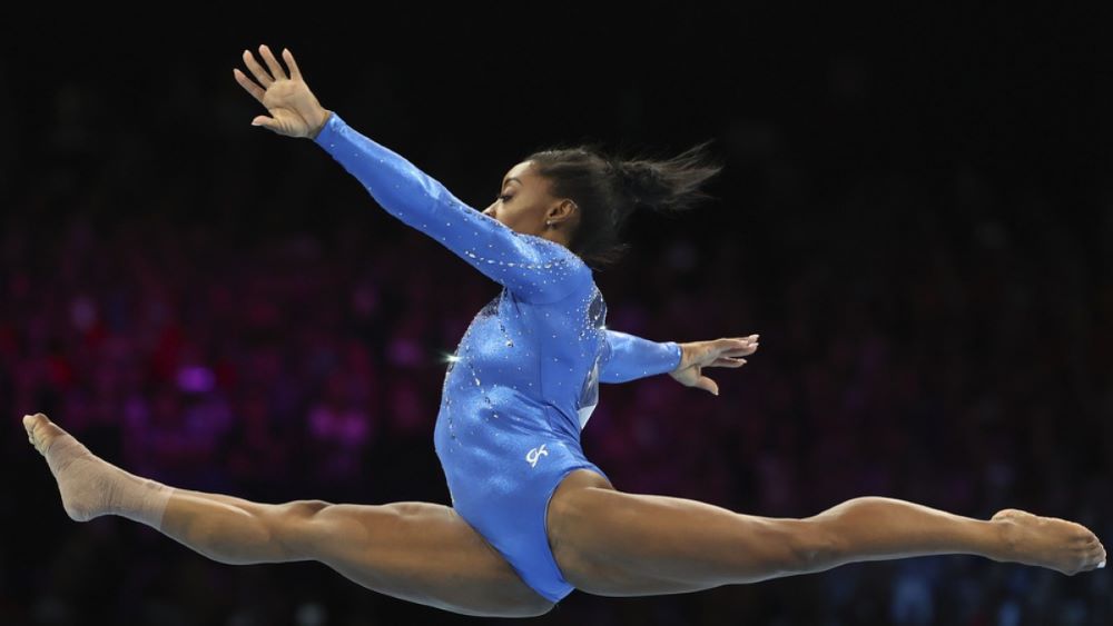 Simone Biles in action during her gold medal winning performance in Antwerp AP/Geert vanden Wijngaert