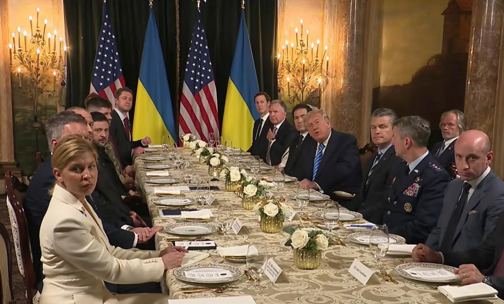 A screen shot taken from a video released by the White House shows U.S. President Donald Trump meeting with Ukrainian President Volodymyr Zelensky at the Mar-a-Lago estate in Palm Beach, Florida, the United States, Dec. 28, 2025. The two leaders met in Florida on Sunday on the latest draft of a peace plan aimed at ending the Ukraine crisis.