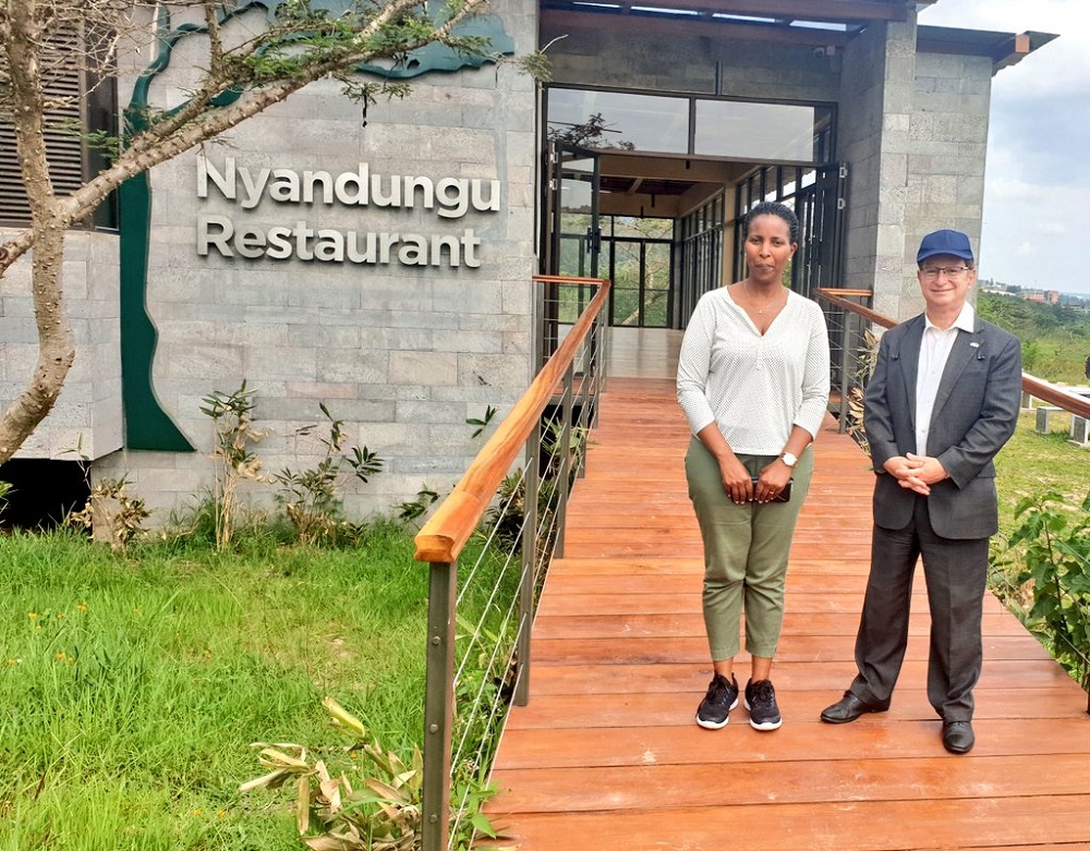 The ambassador of Israel to Rwanda, Dr Ron Adam with the Director General of REMA,  Juliet Kabera visiting Nyandungu Urban Wetland Eco-Tourism Park. 