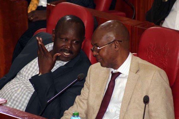 Bomet Governor Isaac Ruto (left) with his Taita Taveta counterpart John Mruttu when they appeared before the Senate yesterday in Nairobi on January 3, 2017.