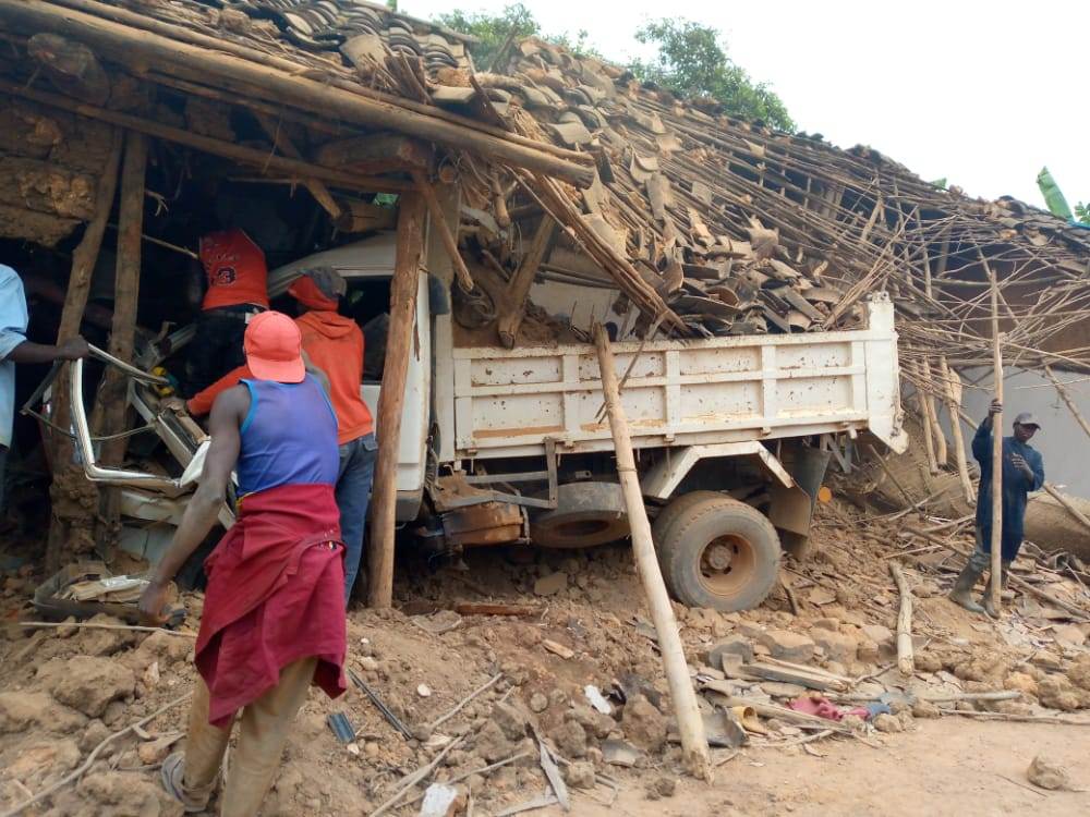 The Fuso truck hit two houses. 
