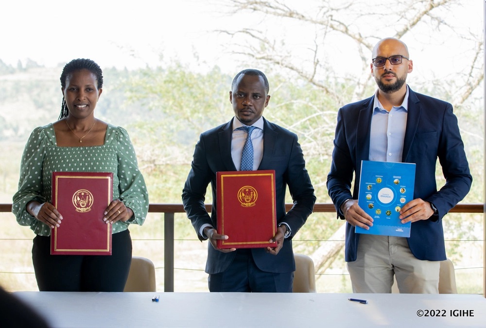 From left: The Director General of REMA, Juliet Kabera; the Deputy CEO of RDB, Zephanie Niyonkuru and Kyle Schofield, the Managing Director of QA Venue Solutions after signing agreements.