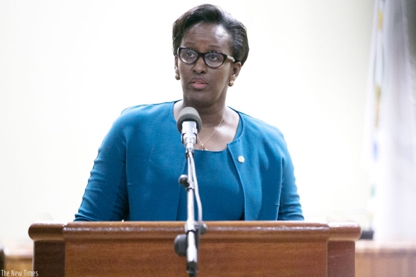 First Lady Jeannette Kagame gives her opening remarks at the 8th Annual Forum of the Unity Club at Parliamentary Buildings in Kimihurura yesterday.
