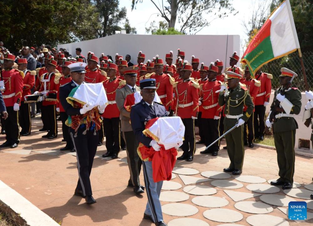 Caskets containing skulls of the Sakalava ethnic group are carried to a ceremony welcoming the colonial-era relics returned by France in Antananarivo, the capital of Madagascar, Sept. 2, 2025. An official ceremony was held on Tuesday in Antananarivo, the capital of Madagascar, to welcome the colonial-era relics returned by France. Three skulls of the Sakalava ethnic group, one of which is believed to belong to King Toera and the other two to his warriors, were returned to Madagascar after 128 years in France. (Photo by Sitraka Rajaonarison/Xinhua)