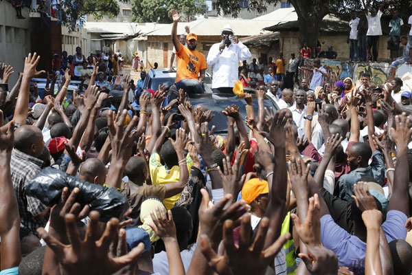 ODM leader Raila Odinga and Mombasa Governor Hassan Joho address Kongowea residents at Uwanja wa Mbuzi, Mombasa on March 25, 2017.