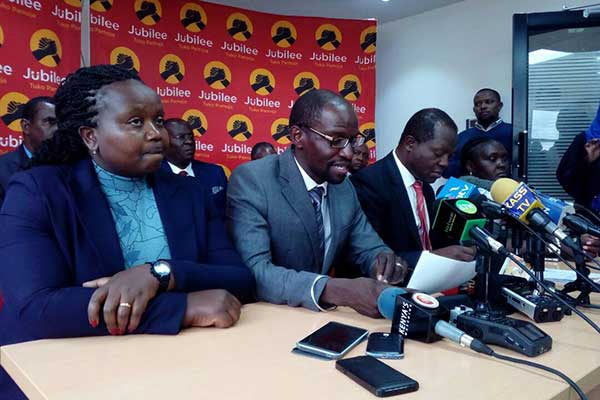 Jubilee National Election Board officials at a press conference on April 19, 2017. They announced that the party will hold its nominations in two days, on April 21 and April 25.