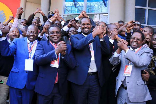 Some of the governors from Jubilee-affiliated parties after officials of the proposed Jubilee Party addressed the media on the programme of events that will lead to its launch on Saturday. The press conference was held at the party’s new building at Pangani, Nairobi, on September 7, 2016.
