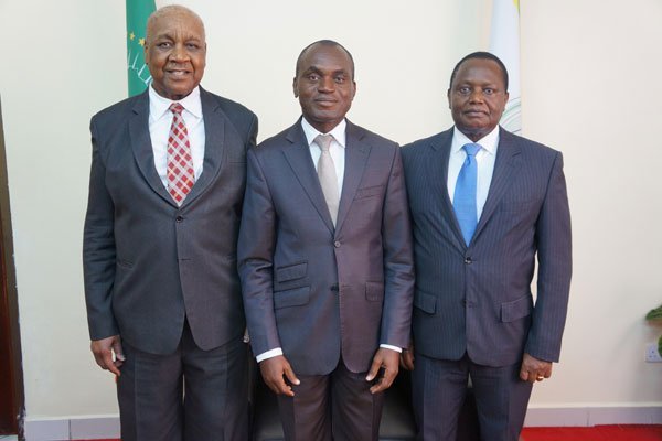 From left: Outgoing African Court on Human and Peoples’ Rights president Justice Augustino Ramadhani of Tanzania, newly elected president Justice Sylvain Ore of Cote d’Ivoire and vice-president Justice Ben Kioko of Kenya after the elections on September 5, 2016 in Arusha, Tanzania.