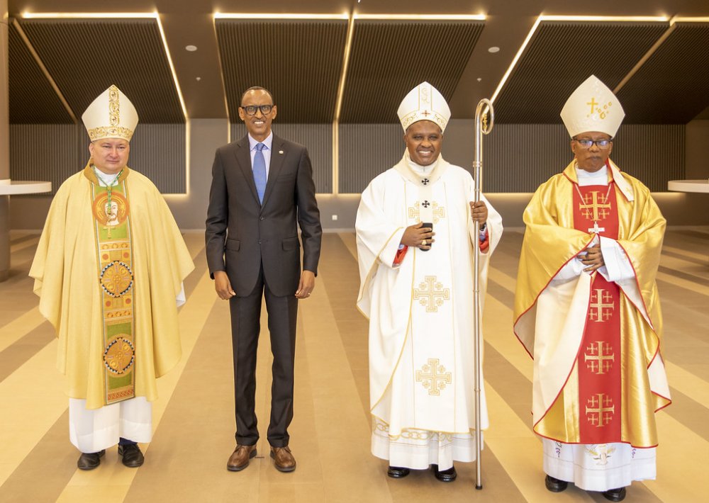 From Left; Nuncio Luciano Russo Pope Representative to Rwanda, President Paul Kagame, Cardinal Antoine Kambanda and Bishop Philippe Rukamba in a group photo at the thanksgiving mass to celebrate Rwanda's first ever Cardinal.