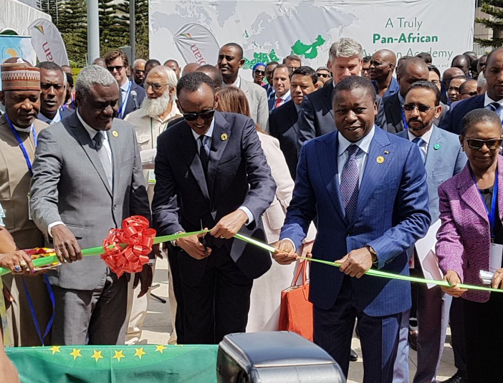 President Kagame; the Chairperson of African Union Commission, Moussa Faki Mahamat (L) and Togo President, Faure Gnassingbé (R) officiated the launch of the project