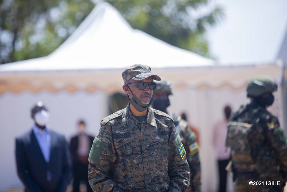 President Paul Kagame addressing joint troops deployed to fight insurgency in Mozambique.