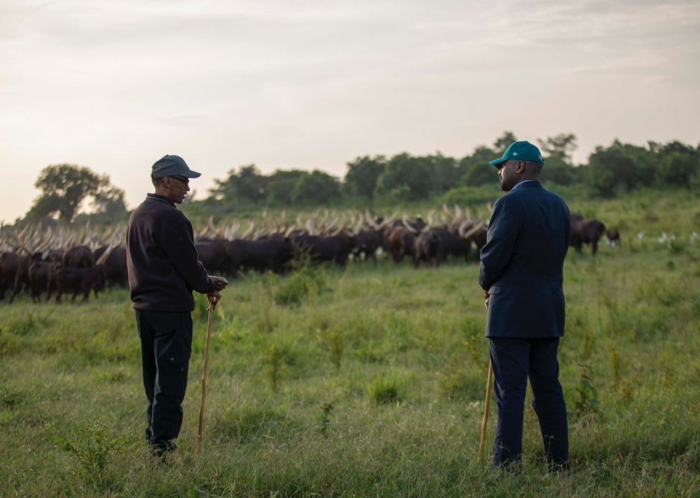 President Paul Kagame at his farm with Lt Gen Muhoozi.