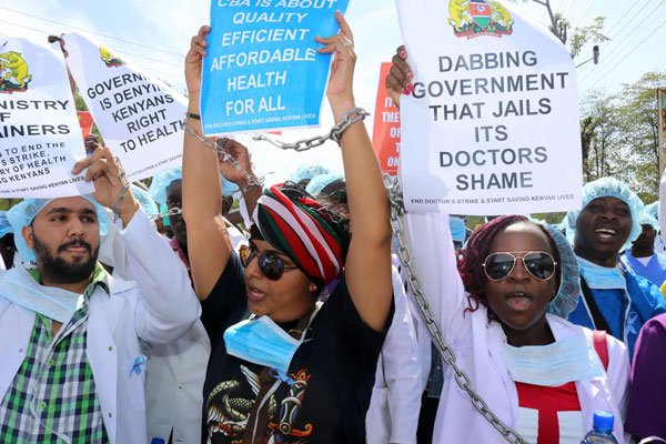 Doctors demonstrate in Kisumu County on February 14, 2017. Tanzania's President John Magufuli on Wednesday scuttled Kenya’s attempts to hire doctors from that country.