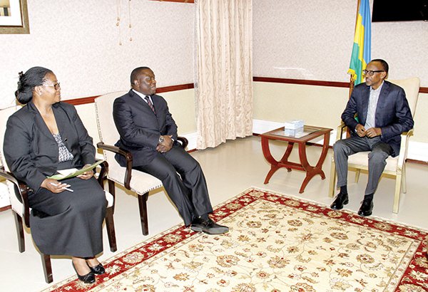 Zambia's High Commissioner to Rwanda, Judith Kapijimpanga with Minister of Foreign Affairs Harry Kalaba paying a courtesy call on President Paul Kagame of Rwanda at Kigali Serena Hotel in Kigali on Sunday June 7, 2015. Picture: Mackson Wasamunu 