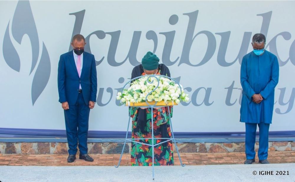 Alice Wairamu Nderitu (in the middle) paying tribute to  victims of the 1994 Genocide against Tutsi.  