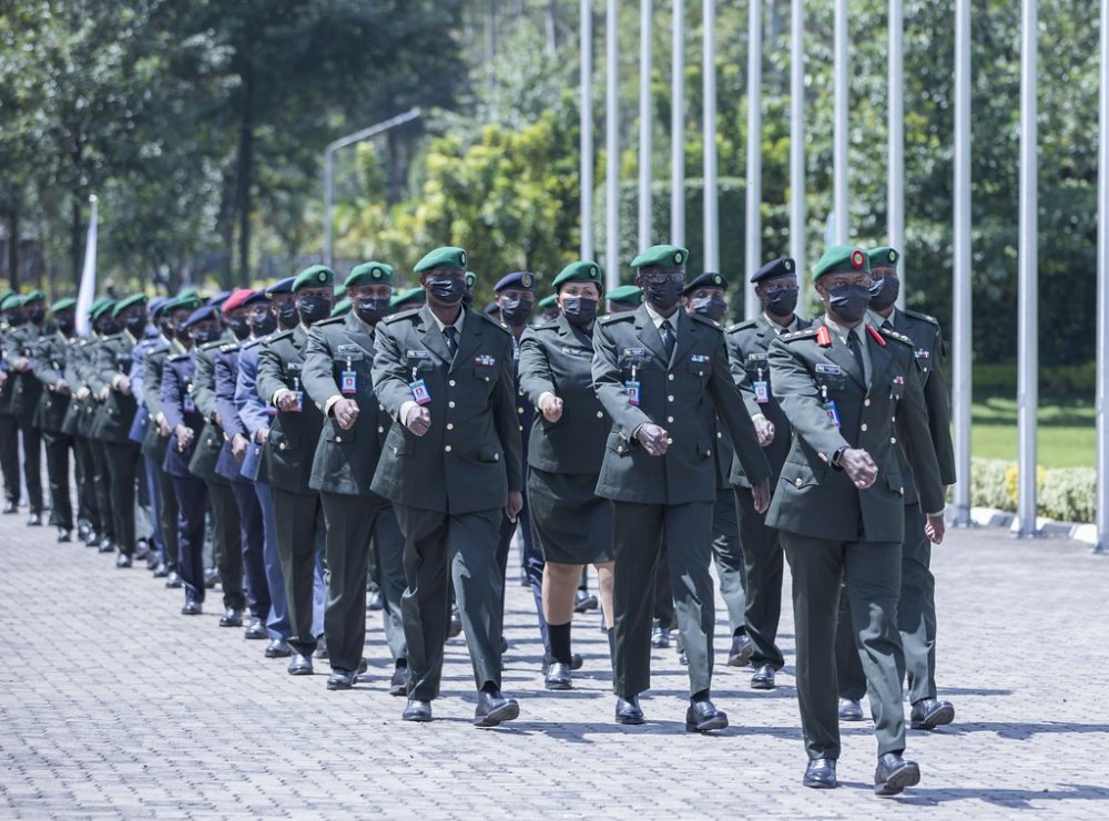 Col Karuretwa (in front) was among officers who completed studies at Rwanda Defence Force (RDF) Command and Staff College in Nyakinama.