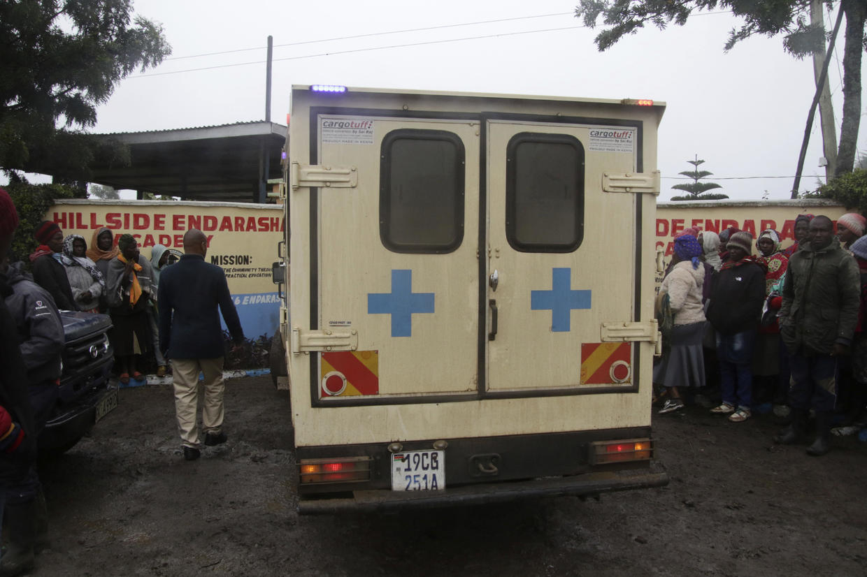 An ambulance drives up to the Hillside Endarasha Primary school following a fire in a dorm, in Nyeri, Kenya, Sep. 6, 2024.