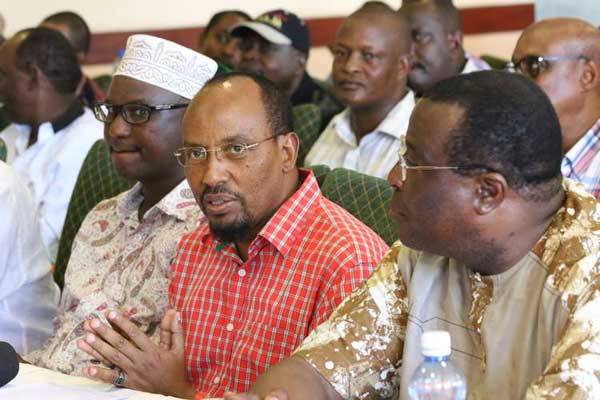 From left, front row: Isiolo Governor Godana Doyo, Mandera Senator Billow Kerrow and Senate Speaker Ekwee Ethuro during the Pastoralist Leadership Summit held in Isiolo on March 12, 2016.