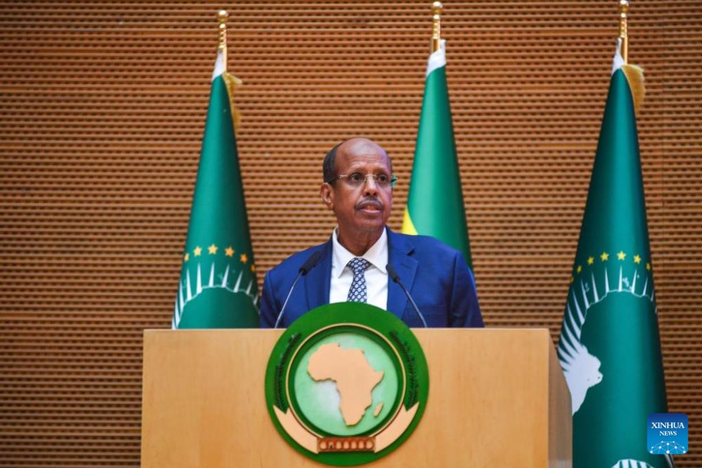 African Union Commission Chairperson Mahmoud Ali Youssouf speaks at the opening session of the second edition of the Africa Skills Week in Addis Ababa, Ethiopia, Oct. 14, 2025. The second edition of the Africa Skills Week, jointly organized by the African Union and the Ethiopian Ministry of Labor and Skills, runs under the theme "Powering Africa's Industrial Future: Skills for Innovation, Growth, and Sustainability" from Monday to Friday at the AU headquarters in the Ethiopian capital of Addis Ababa.