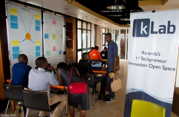 Software developers at K-Lab, a tech innovation hub, in Kigali.