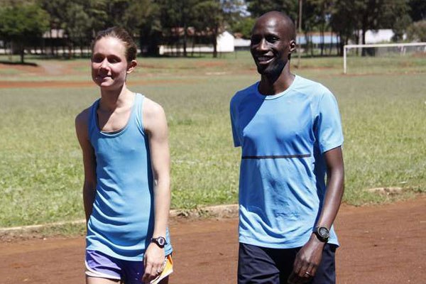 Former Boston Marathon champion Wesley Korir, who is also the Cherangany MP, and his wife Tarah, during a training session at University of Eldoret grounds on May 9, 2016. Korir has been named in the marathon team to represent Kenya in the coming Olympic Games.