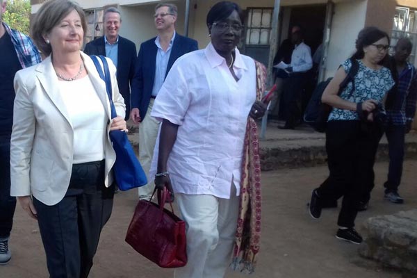 The president of the International Criminal Court (ICC) judge Silvia Fernandez de Gurmendi (L) at Awach Subcounty headquarter in Gulu District.