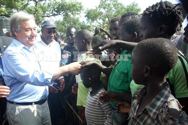 The UN Secretary General, Mr Antonio Guterres shakes hands with some of the refugees at Imvepi settlement camp on Thursday.