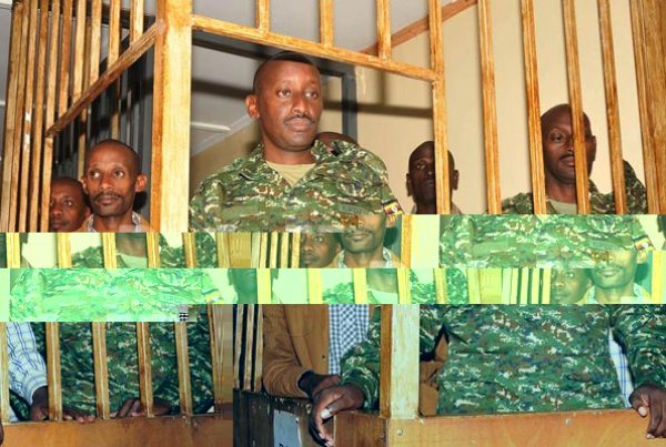 Gen David Sejusa aides in the dock at the General court martial in Makindye on Tuesday during the judgement. They will return for sentencing on July 18.