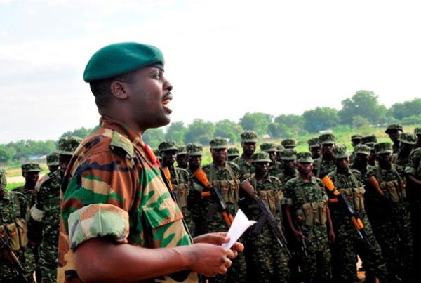 Maj Gen David Muhoozi, the commander of Land Forces addresses UPDF soldiers at Juba Air Force base in South Sudan in April 2014.