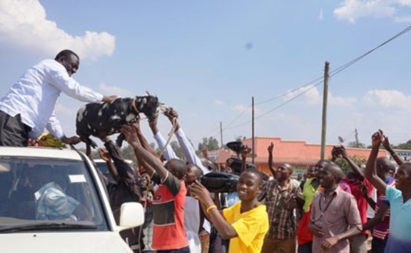 A file photo of Dr Kizza Besigye receiving a goat from Ntungamo roadside vendors on his way to Kampala. He was travelling from Kabale after attending a court session.