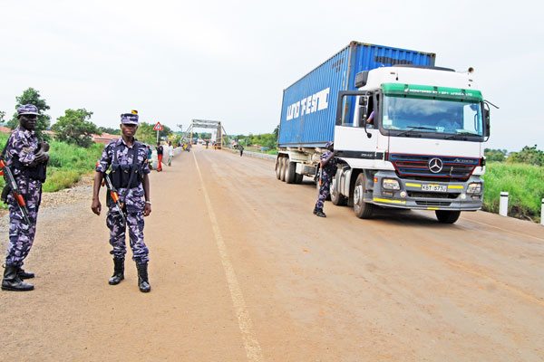 A file photo of Ugandan Police oficers manning the Ugandan border at Elegu Border point  in Atiak Subcounty Amuru district. Photo by Julius Ocungi 